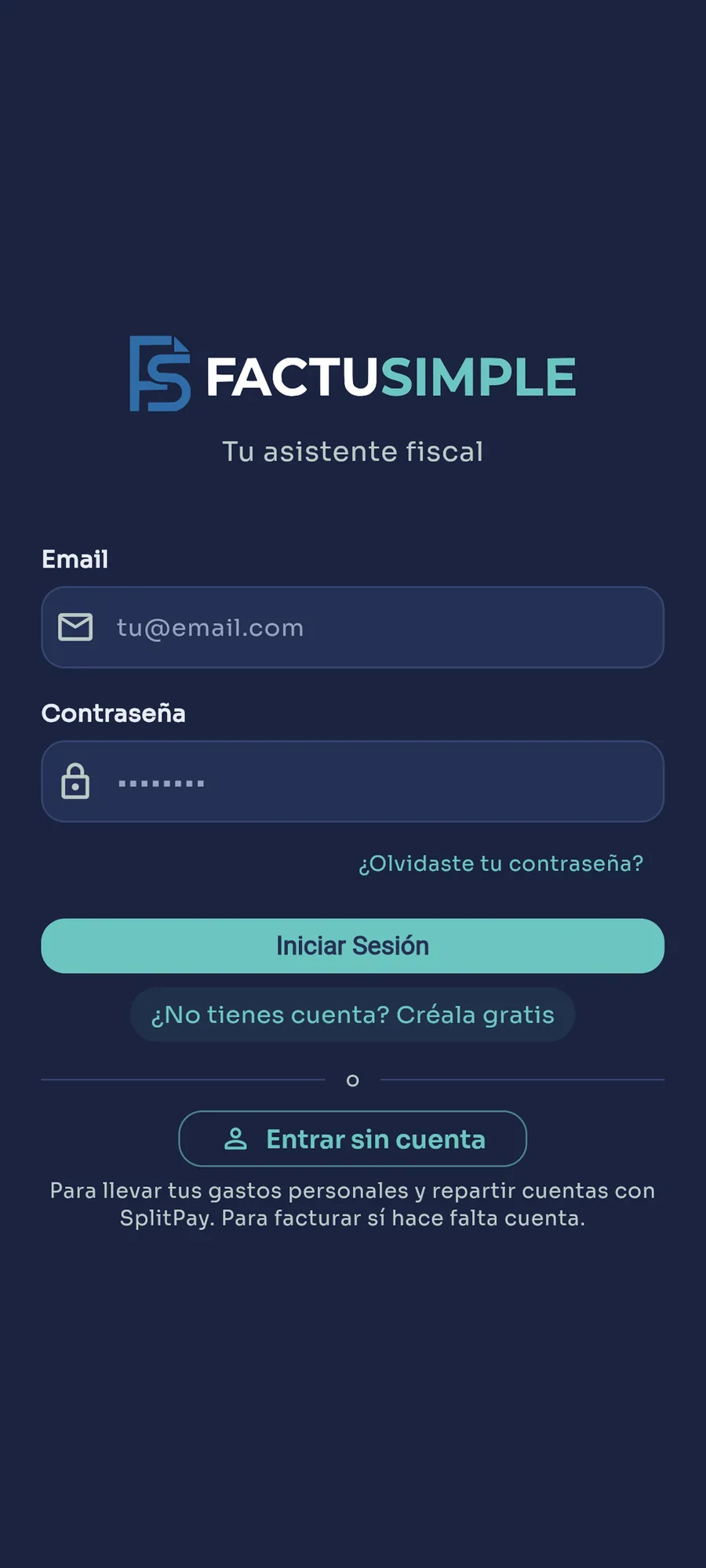 Pantalla de acceso de FactuSimple
