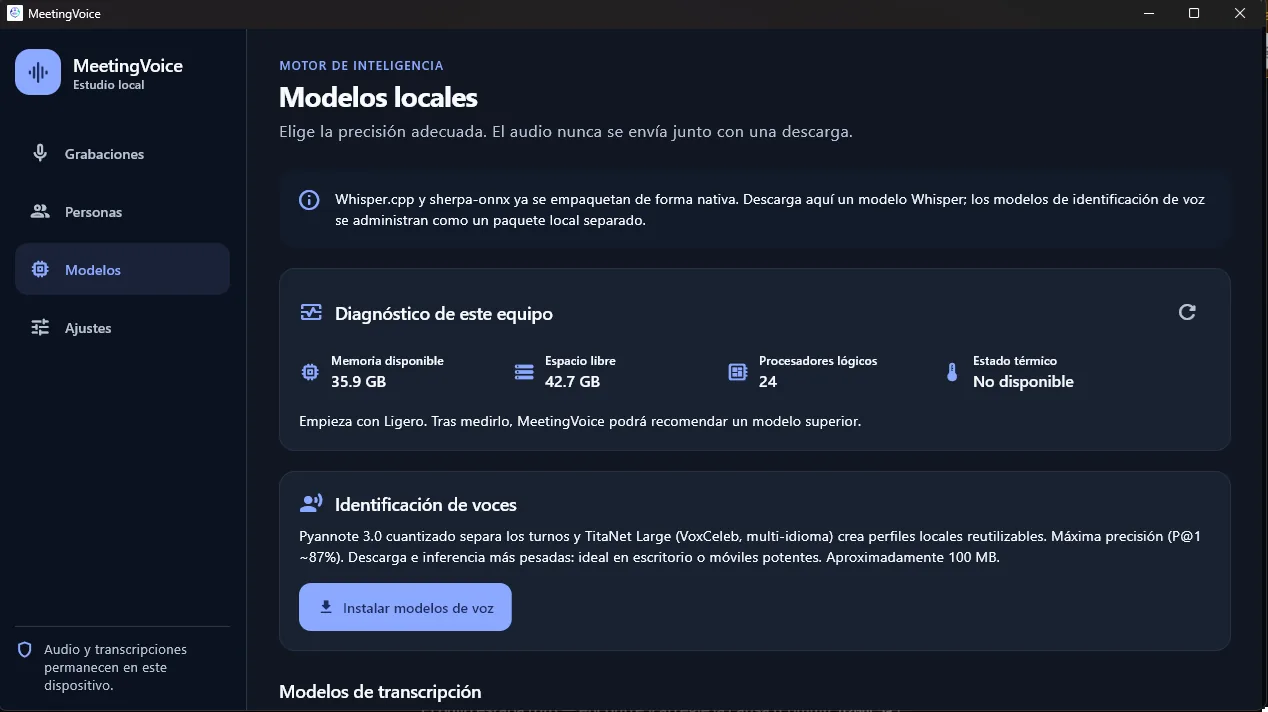 MeetingVoice: pantalla «Modelos».