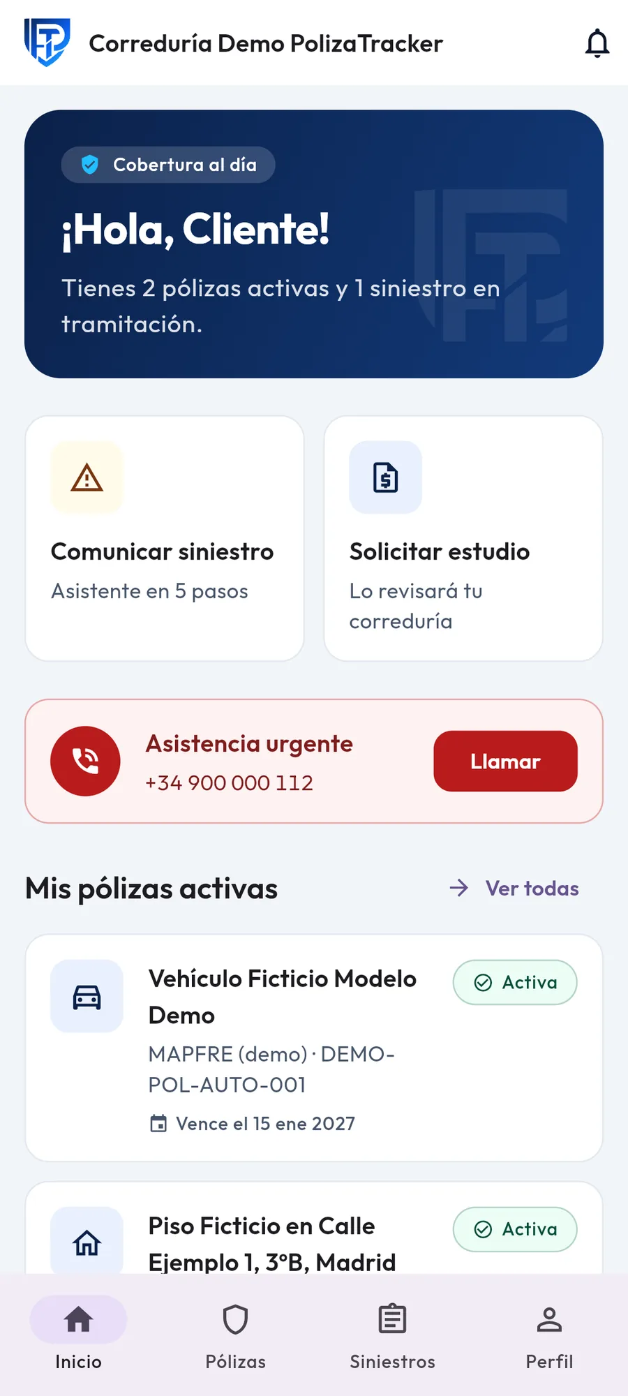 Panel del asegurado con sus pólizas y avisos
