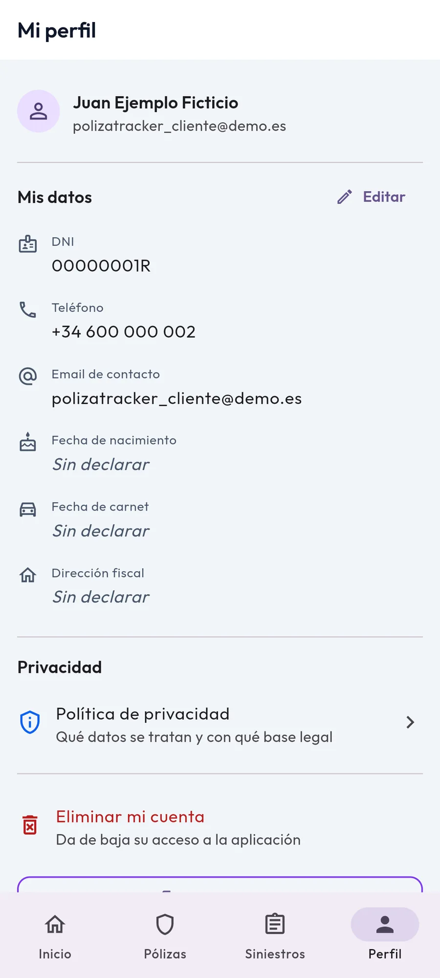 Pantalla de perfil y ajustes de privacidad