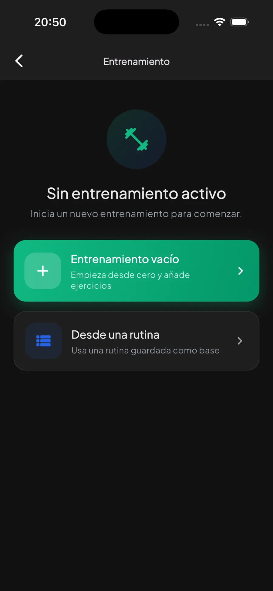 RMTracker: pantalla «Entrenar».