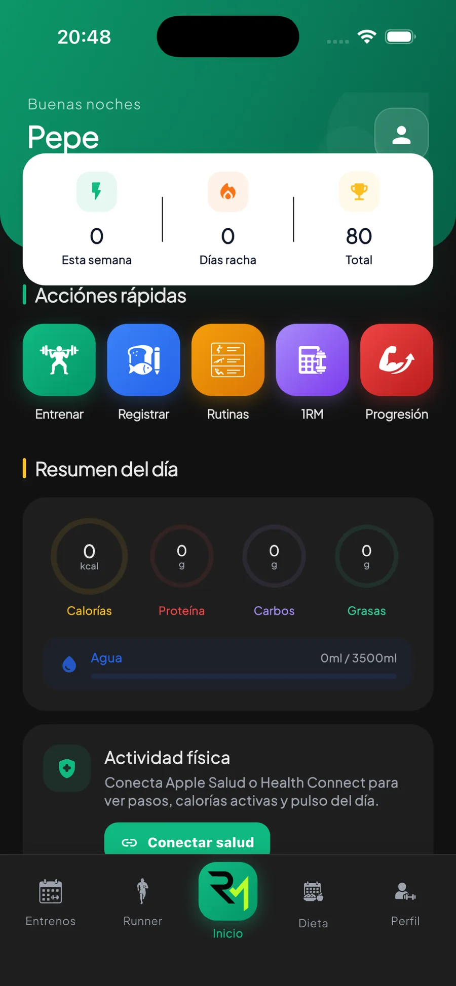 Pantalla de inicio de RMTracker en un iPhone: resumen del día, calorías y accesos rápidos.