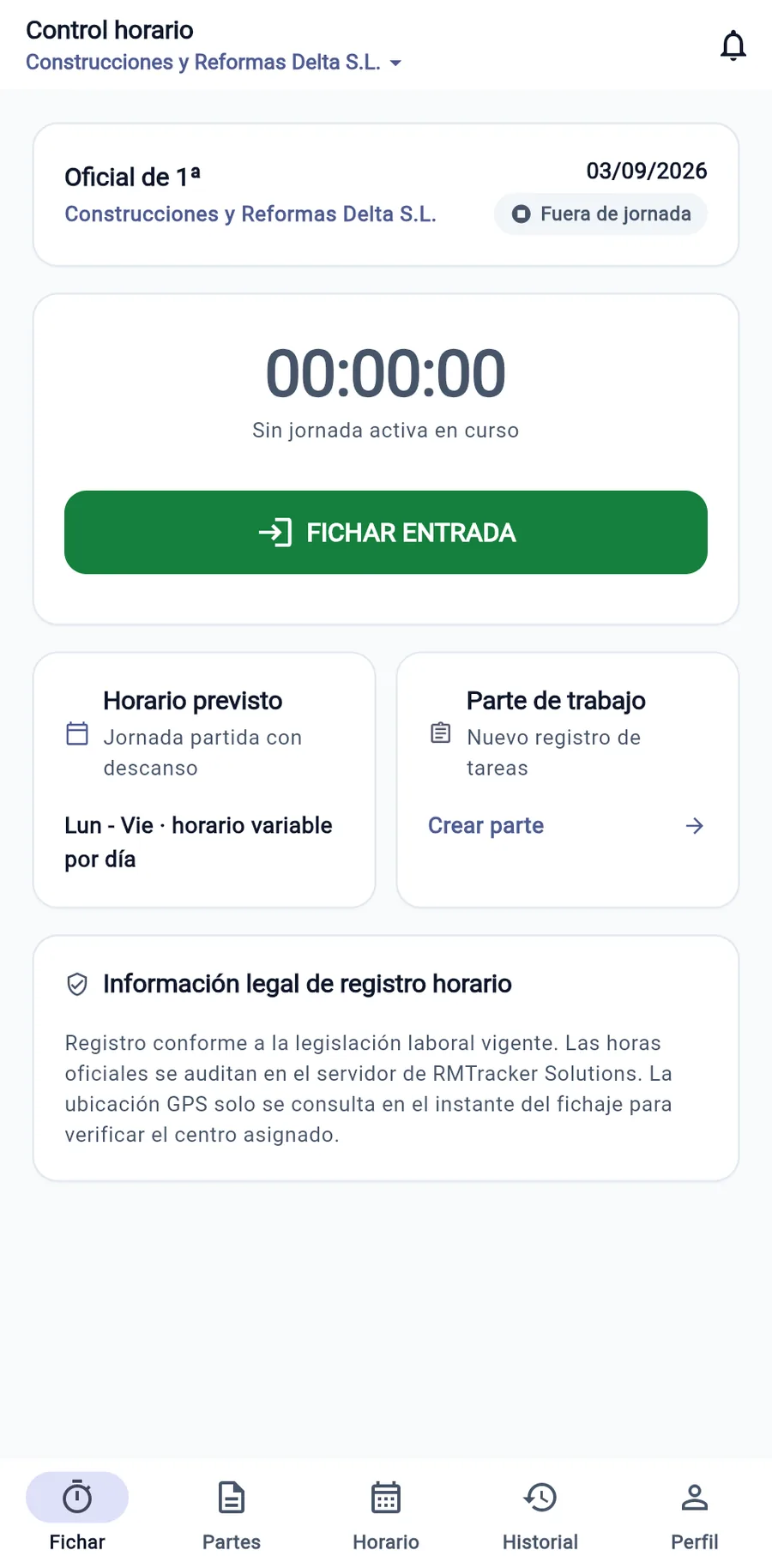 Pantalla de fichaje con el cronómetro de la jornada y el botón de entrada