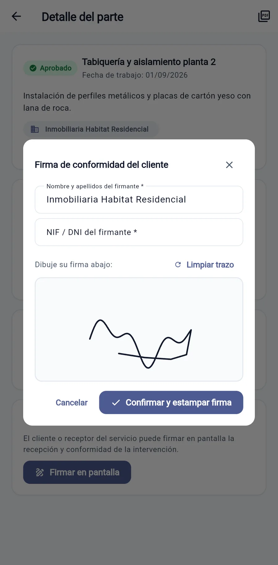 Diálogo de conformidad con la firma del cliente trazada sobre la pantalla