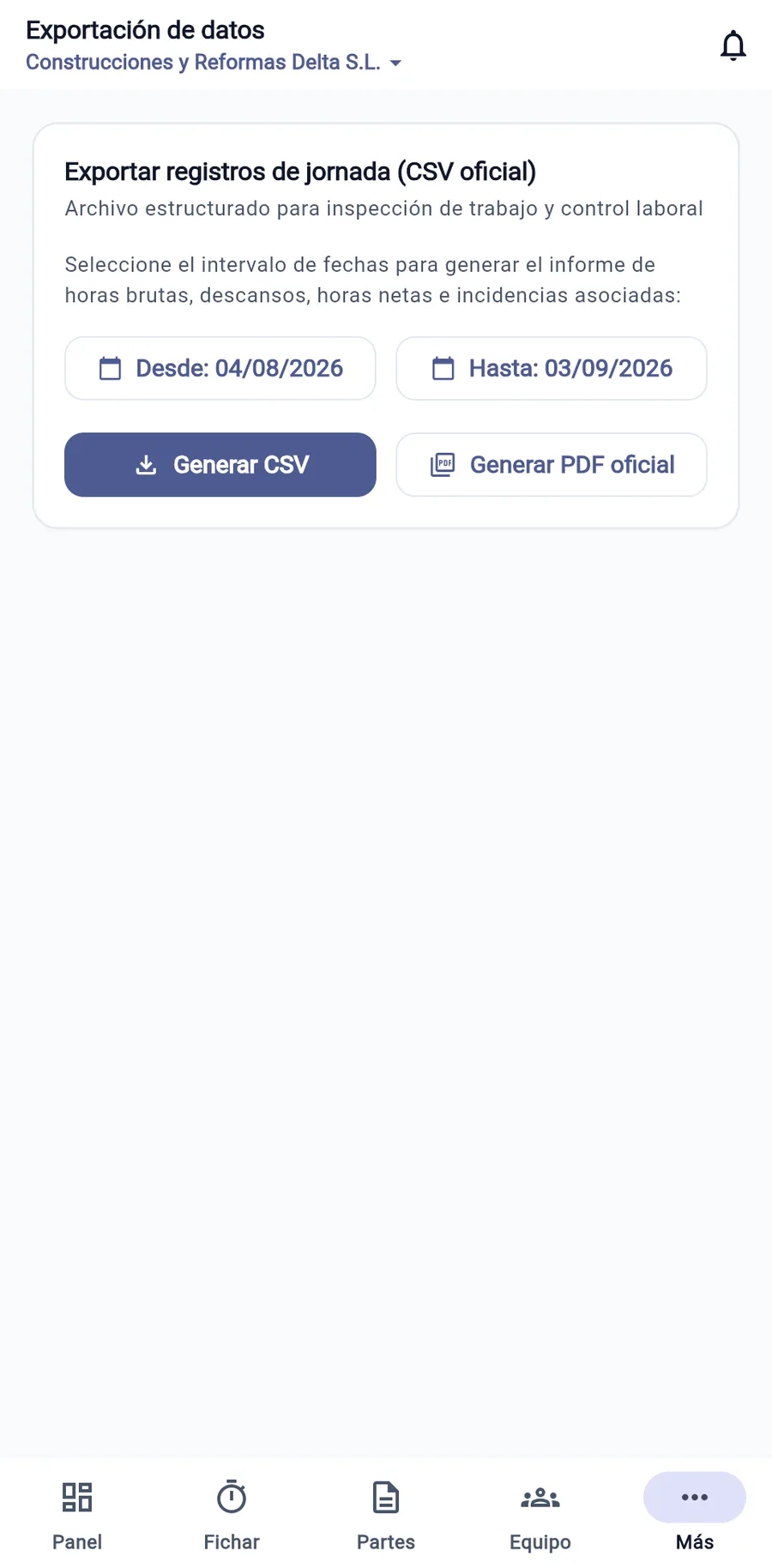 Pantalla de exportación del registro de jornada en formato oficial y en CSV