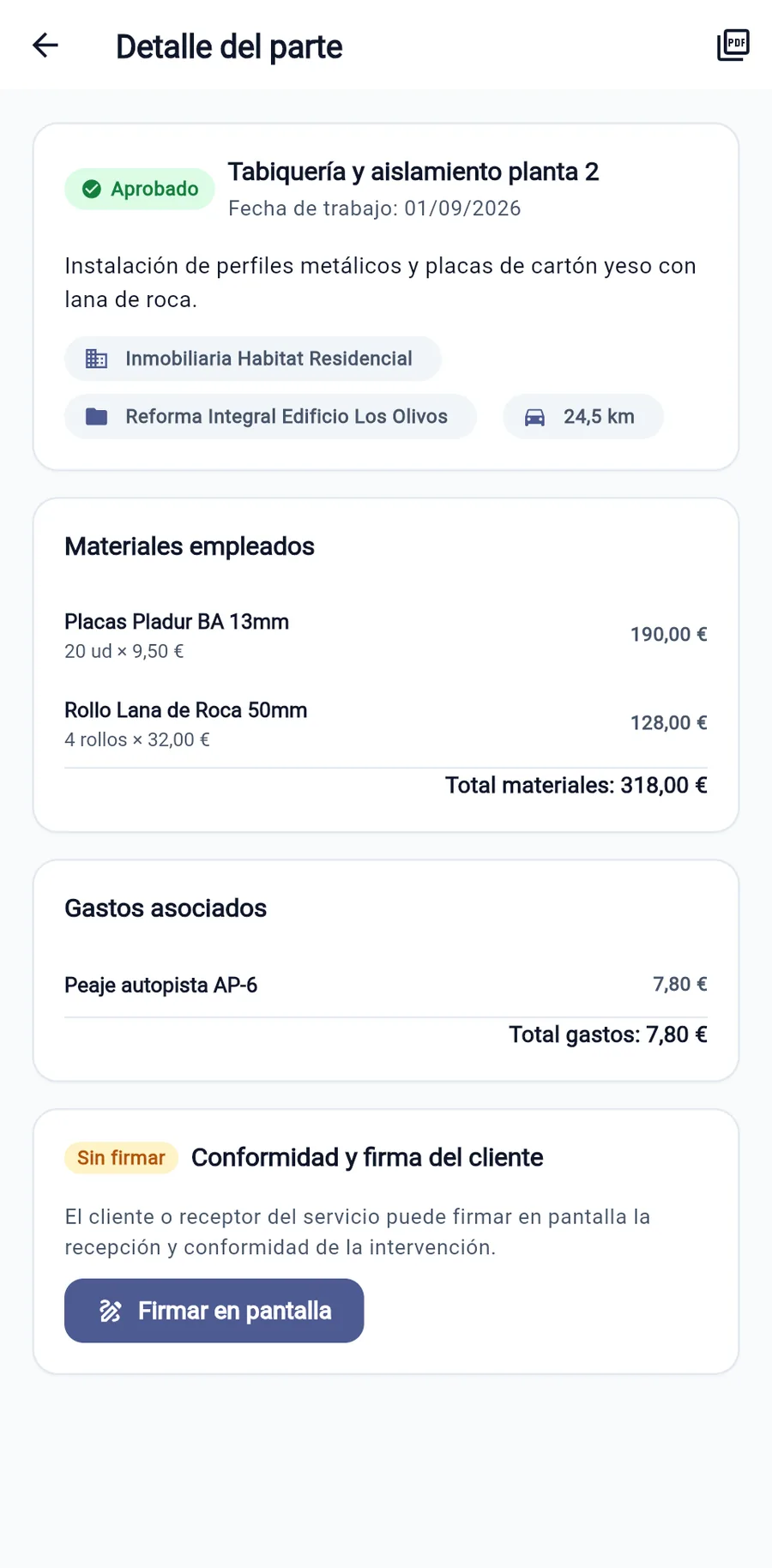 Detalle de un parte de trabajo con sus materiales, sus gastos y el bloque de firma
